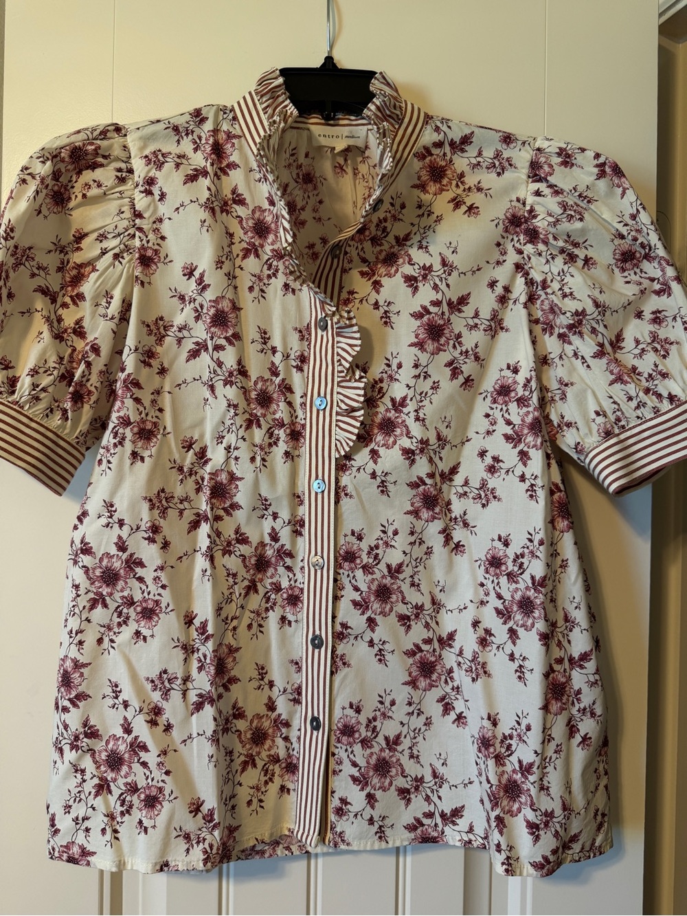 Entro Floral Button-Up Blouse in Cream and Burgundy